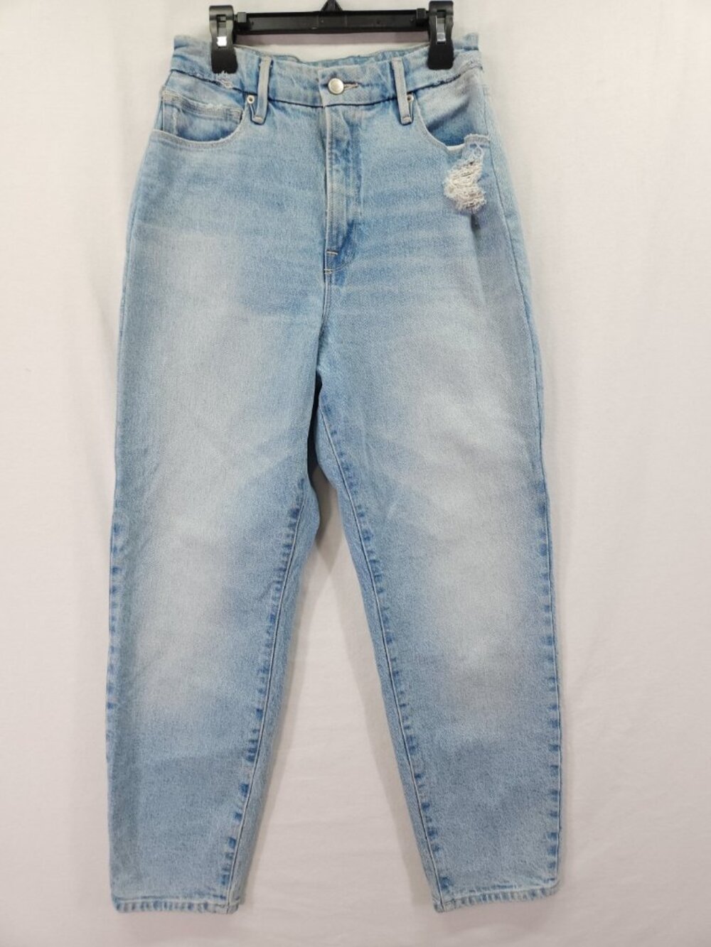 Good American Mom Light Wash Distressed High Rise Tapered Jeans 25x27